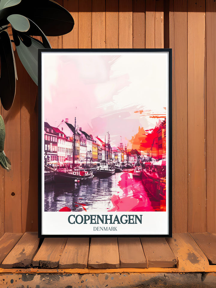 Celebrate the beauty of Denmark with this exquisite Nyhavn Indre By travel poster showcasing the iconic waterfront scene in Copenhagen perfect for adding a touch of charm and history to your decor.