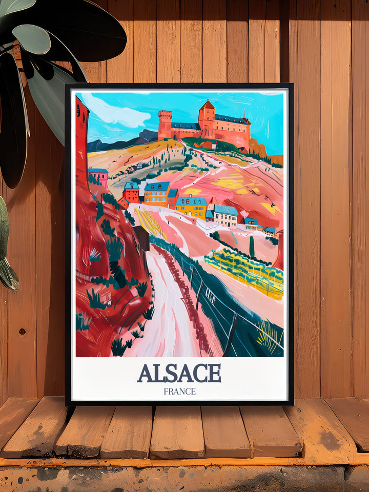 Alsace Wall Decor featuring the majestic Chateau du Haut Koenigsbourg and the Alsace Wine Route. This print brings the essence of Alsace France into your home, offering stunning views of vineyards and historic architecture. A perfect gift for travel enthusiasts.