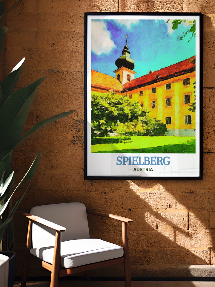 Detailed wall decor featuring Seckau Abbey in Spielberg, Austria, focusing on the abbeys majestic twin towers and serene ambiance. A perfect addition to any art collection, this piece celebrates the elegance and history of Austrian architecture.