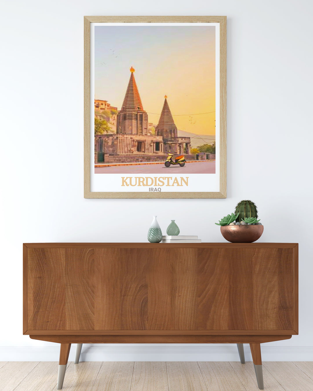 This Kurdistan poster print features the historic Lalish Temple in Iraq. The black and white design highlights the temples cultural significance and serene surroundings, perfect for adding an elegant and historical touch to your home décor.