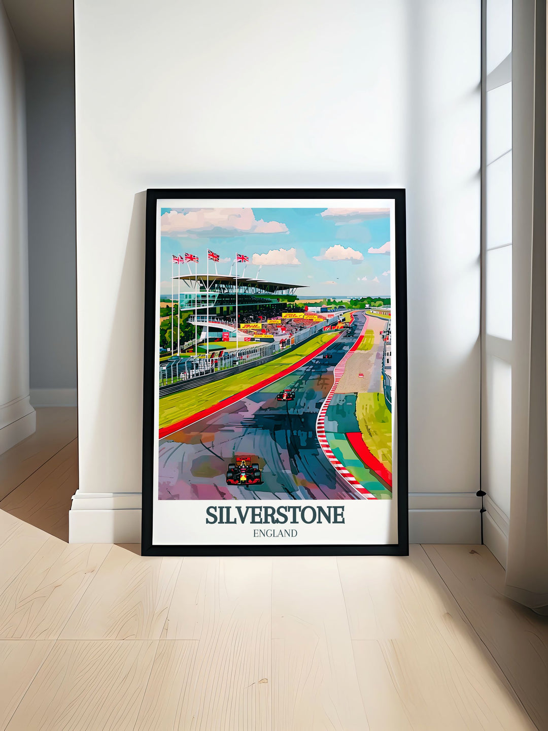 Silverstone Wing British Racing Drivers Club clubhouse artwork showcasing a detailed and vibrant representation of the iconic racing venue. This racing event poster highlights the architectural beauty and dynamic energy of the Silverstone Circuit, making it a striking addition to any wall decor.