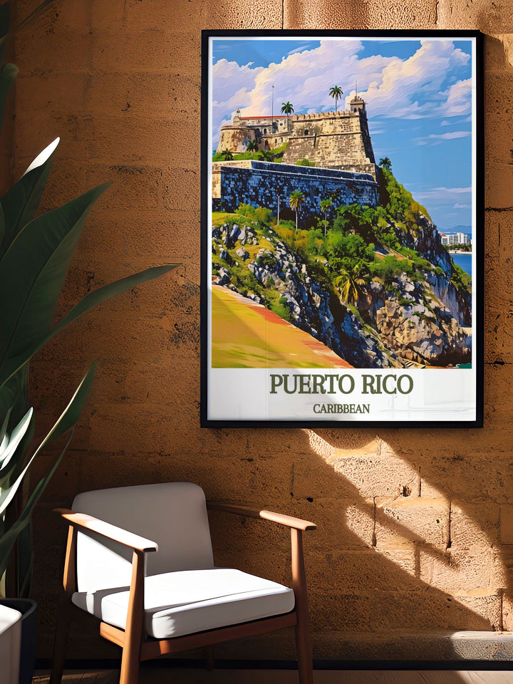 Captivating CARIBBEAN, Castillo San Felipe del Morro travel poster featuring intricate details and vibrant colors. A beautiful Arecibo painting that makes an excellent gift for anniversaries, birthdays, or holidays.