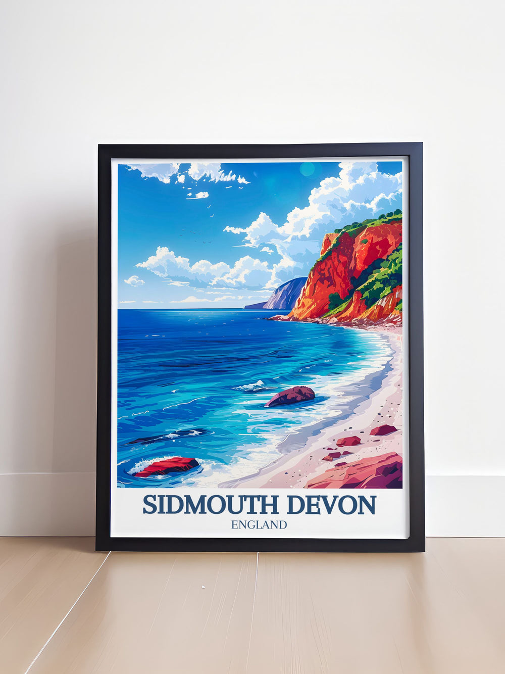 Our Sidmouth poster print highlights the natural beauty of the Jurassic Cliffs and Sidmouth Beach. With its vintage inspired design, this artwork is perfect for anyone who loves British coastal destinations and wants to bring a piece of the seaside into their home.