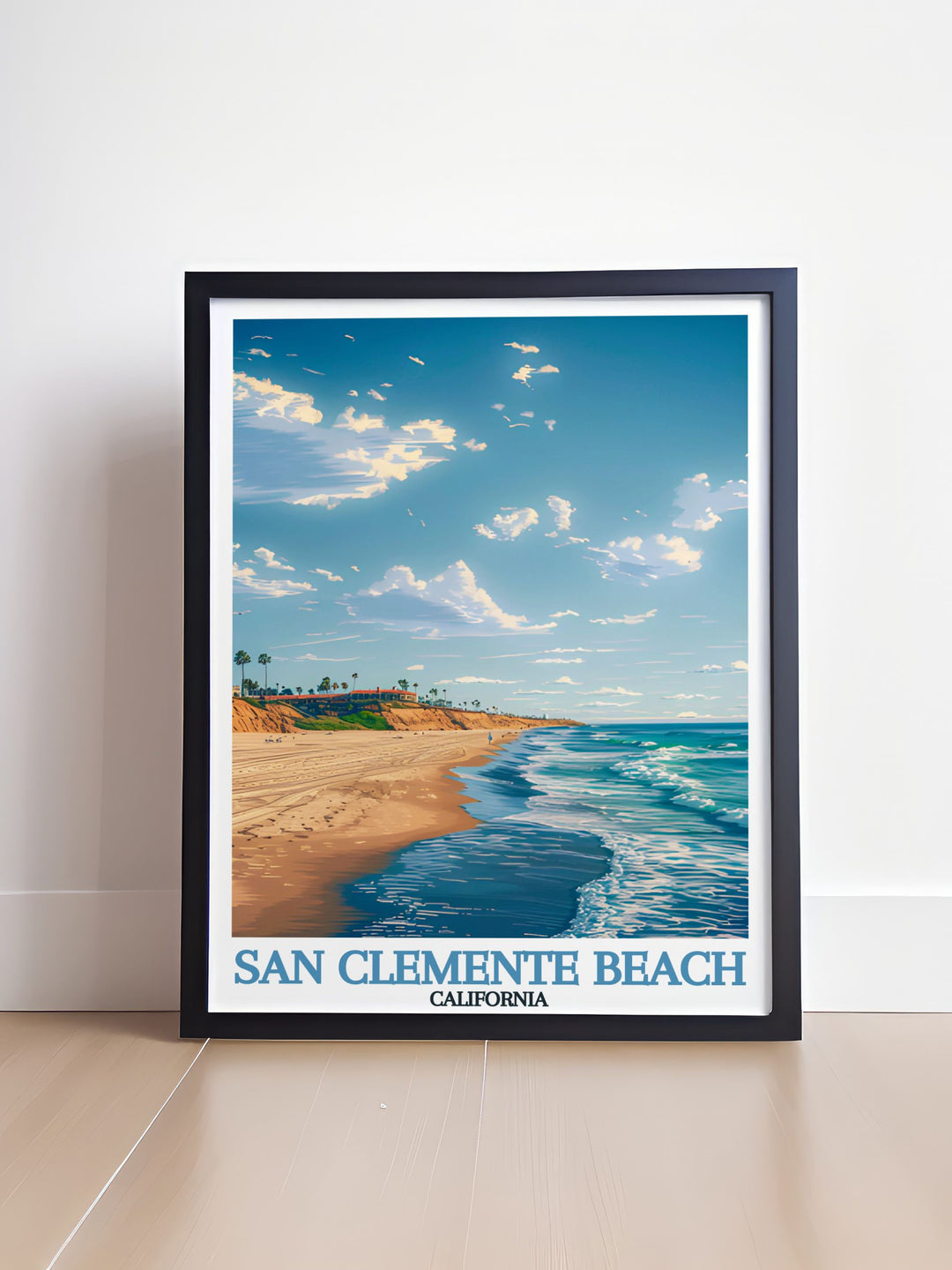 Transform your space with this San Clemente Beach Wall Poster, showcasing the scenic beauty of Californias coastline. The vibrant colors and detailed illustration of the state beach make it a perfect addition to any coastal or surfing inspired decor.