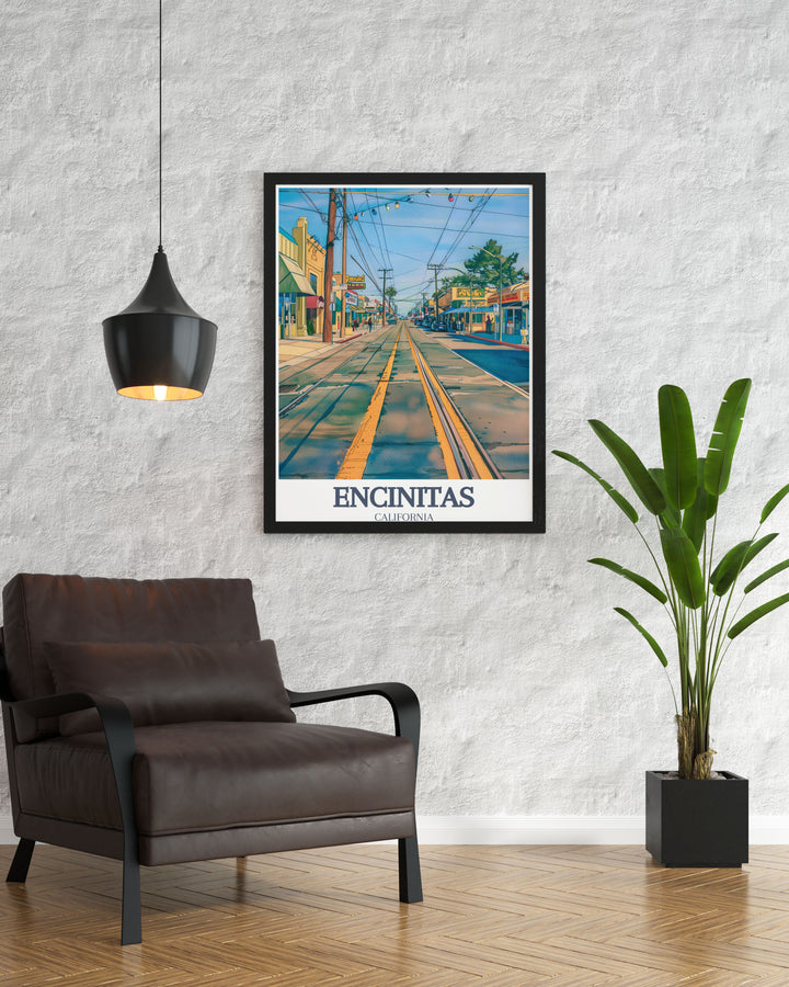 Digital download of a travel poster print featuring Downtown Encinitas Coast Highway 101 offering a unique blend of vintage charm and modern art perfect for enhancing your home decor or as a special personalized gift