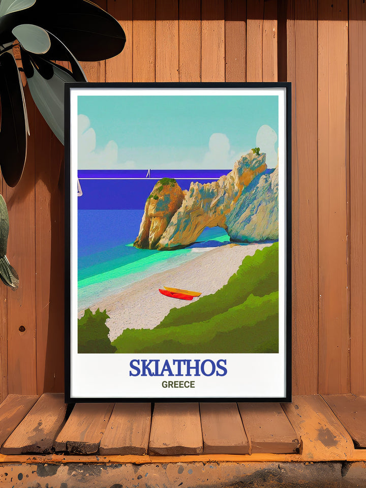 Skiathos Island art featuring Lalaria Beach. This detailed print highlights the natural charm of one of Greeces most beloved beaches. Perfect for adding a coastal vibe to your living space or as a thoughtful gift for beach lovers.