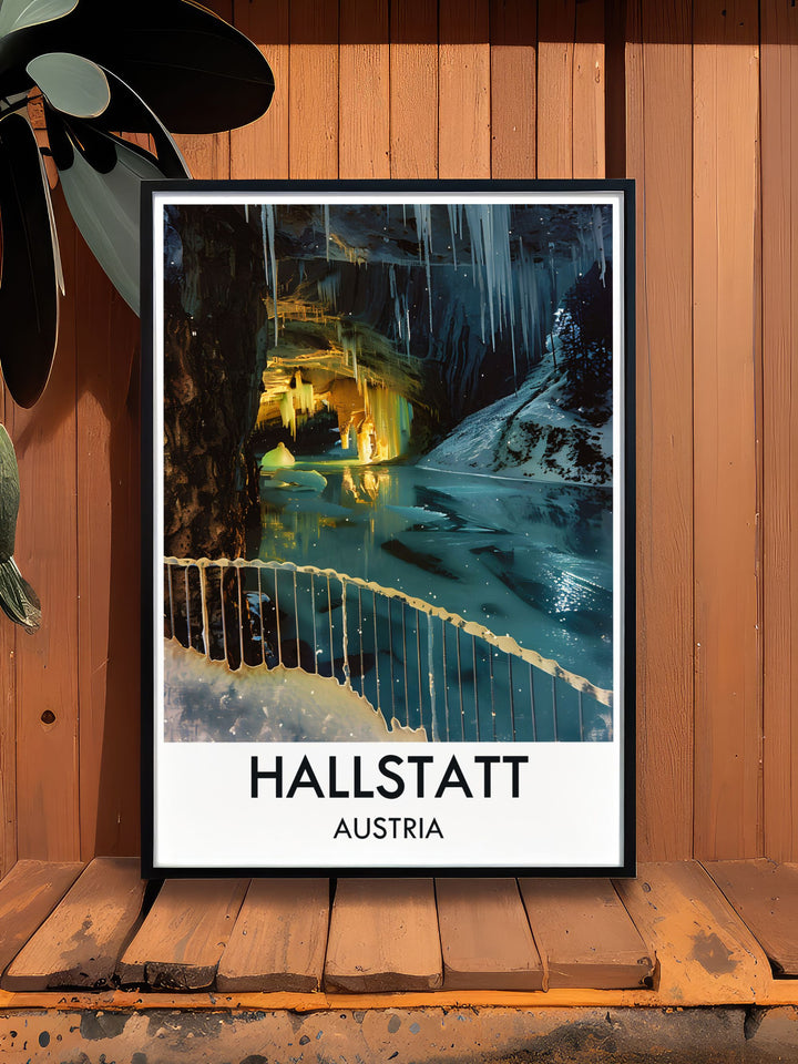 Featuring the mystical Dachstein Ice Caves, this art print highlights the stunning ice formations and subterranean beauty, making it an ideal piece for nature enthusiasts.