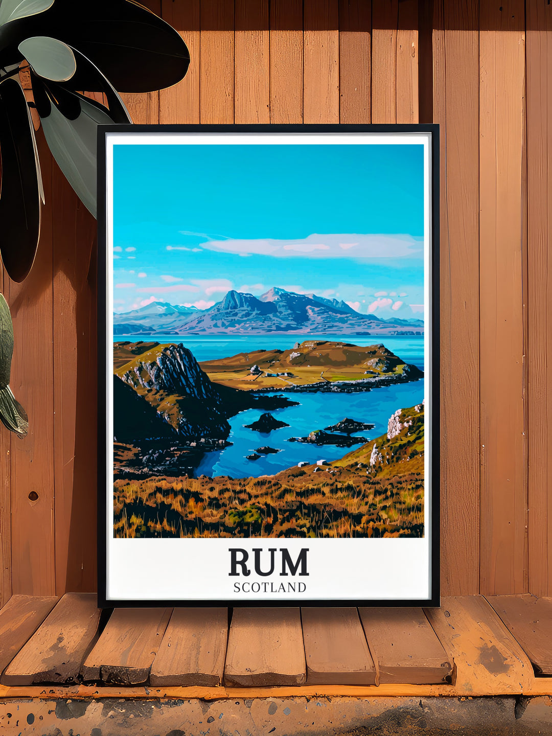 The Rum Cuillin Mountains, with their dramatic peaks, are beautifully captured in this travel print, evoking the untamed allure of Scotlands wilderness. Perfect for adding a touch of adventure to your living space.