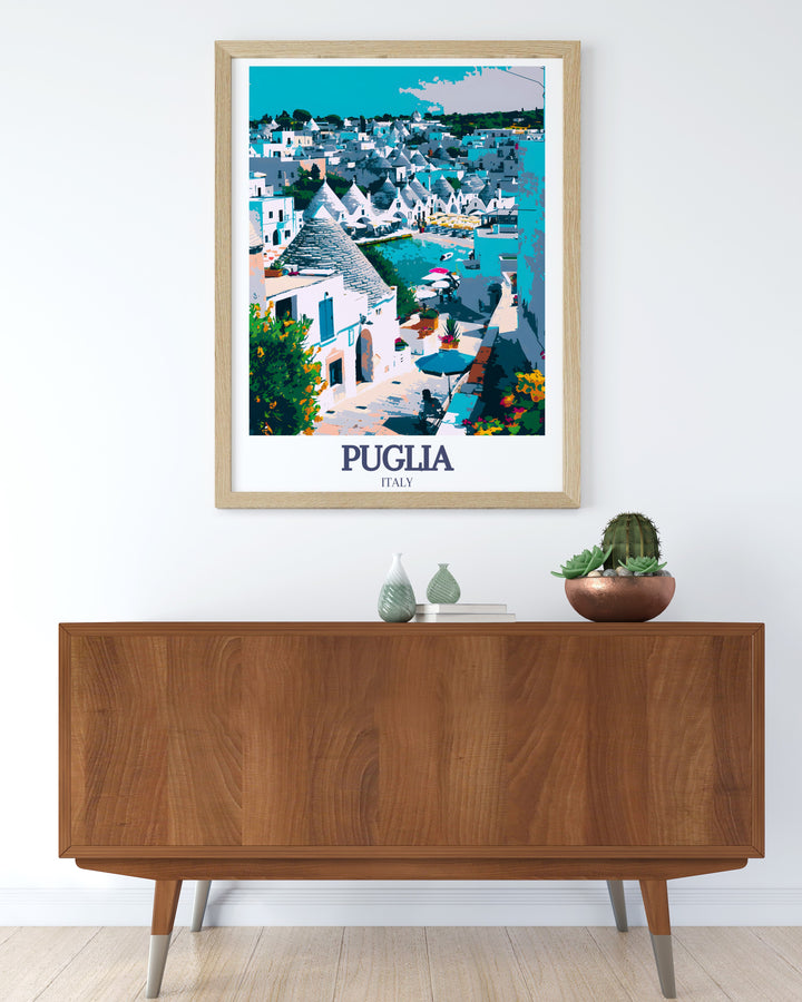 Our Italian Art collection includes a captivating Puglia Poster featuring Trulli houses and the Adriatic Sea. Perfect for home decor, this print adds a touch of Italys rich cultural heritage and natural beauty to your living space.