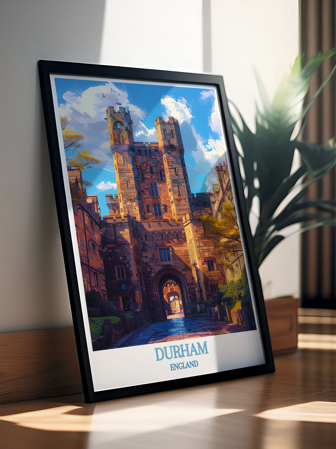 Durham Castle is highlighted in this travel poster, capturing its historic charm and the timeless beauty of Durhams cityscape, perfect for your living space.