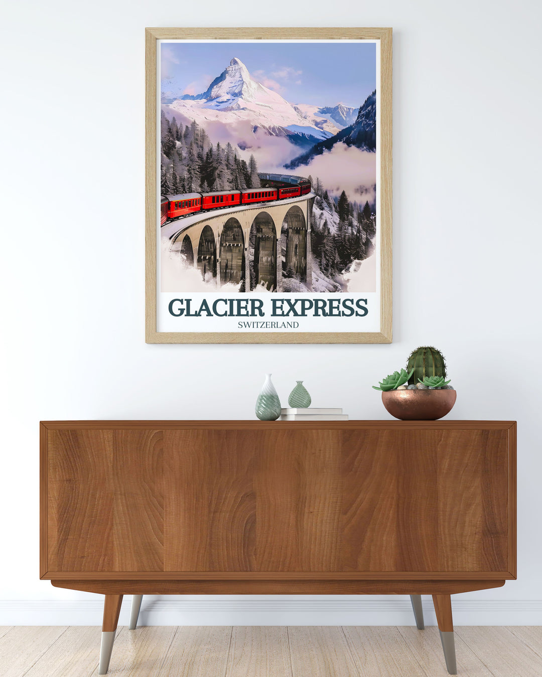 The Glacier Express train Landwasser Viaduct travel poster is a perfect wall decor choice capturing the essence of Swiss tourism and the breathtaking alpine landscapes