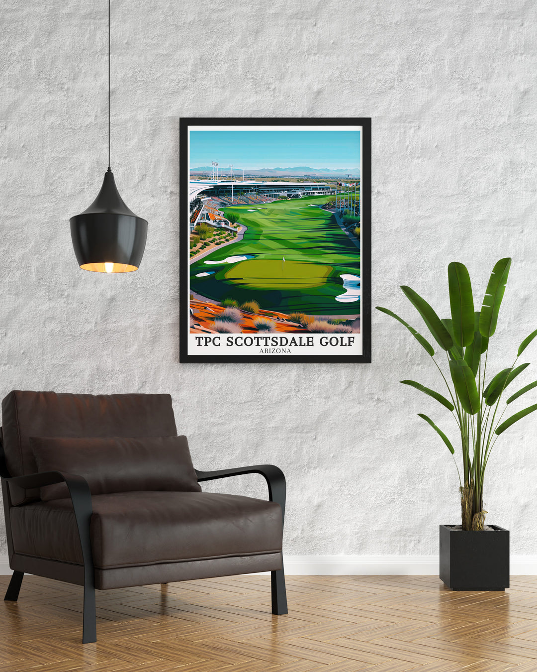 Sonoran Desert vintage poster highlighting the beauty of the Arizona landscape surrounding TPC Scottsdale. The dramatic contrast between the deserts rugged terrain and the lush golf course creates a striking visual thats perfect for any decor.