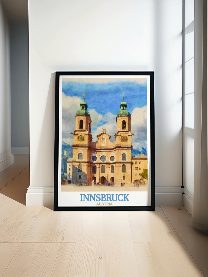 An Innsbruck art print highlighting the architectural beauty of the Innsbruck Cathedral, this poster brings the rich culture and history of Austria into your space. Ideal for travel lovers and art enthusiasts.