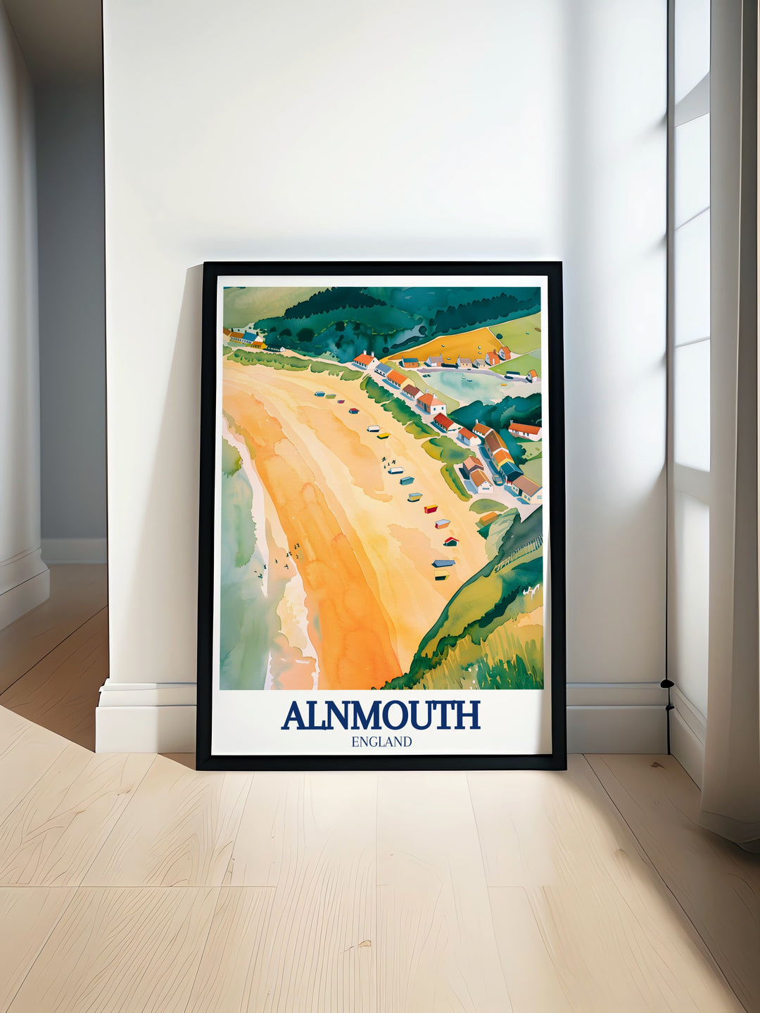 Alnmouth Beach travel poster showcases the stunning beauty of this Northumberland gem. The serene coastline and peaceful waves create a calming atmosphere, making this wall print a perfect addition to any beach lovers home.