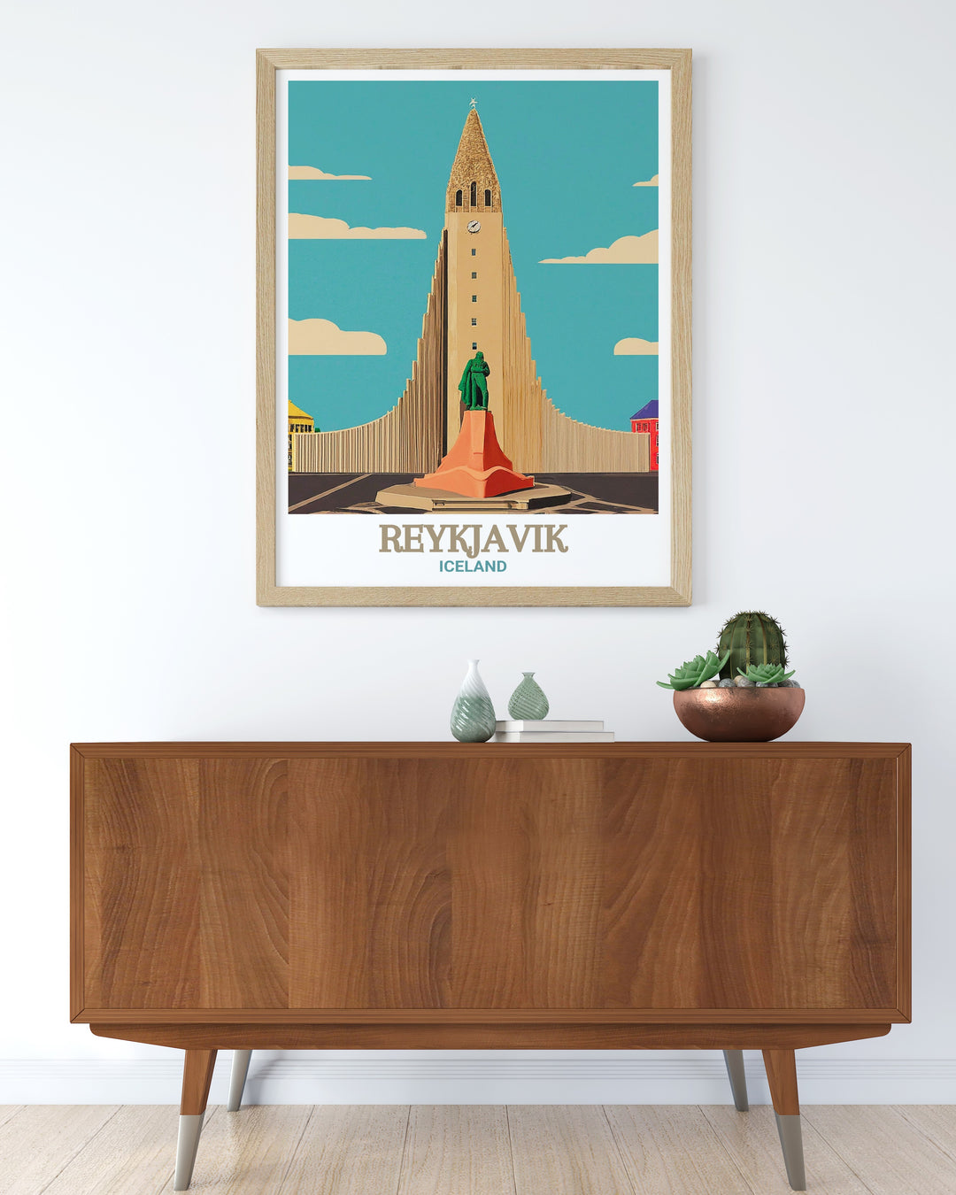 Reykjavik vintage poster featuring Hallgrímskirkja and the captivating streets of Icelands capital, celebrating the architectural and cultural highlights of Reykjavik. This custom print is perfect for travelers and design enthusiasts alike.