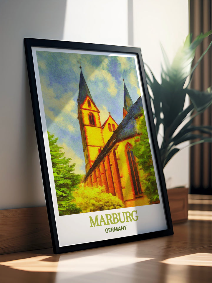 Transform your home with this framed art showcasing Marburgs St. Elizabeths Church. The artwork beautifully captures the churchs soaring spires and intricate stone carvings, offering a glimpse into Germanys architectural brilliance. This piece adds a sophisticated touch to any room and makes a thoughtful gift for art lovers