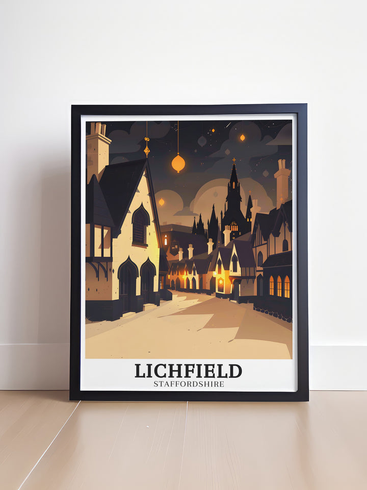 This Lichfield wall art showcases the bustling town centre and the towering spires of Lichfield Cathedral. Perfect for those who love British architecture, this print brings the vibrant spirit and rich history of Staffordshire into any home or office.