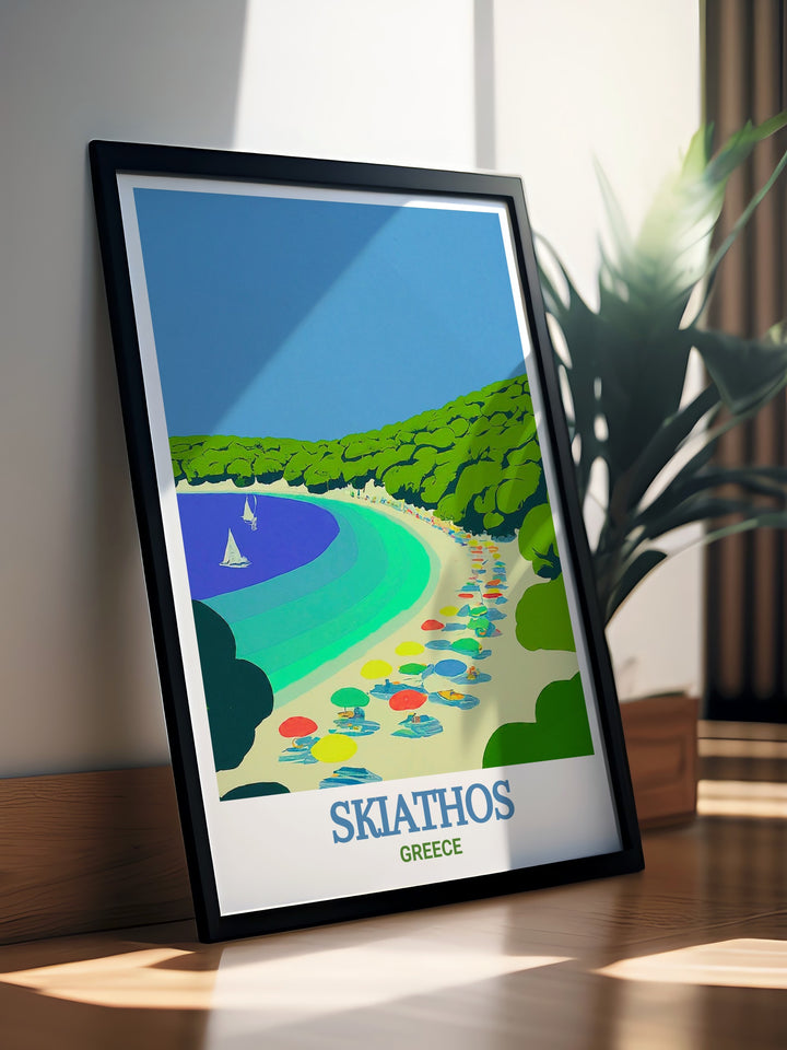 Poster of Koukounaries Beach on Skiathos Island, Greece. Showcasing the idyllic beach and its surroundings, this print is a great way to remember a special trip or dream of future travels. Ideal for home decor and gifts.