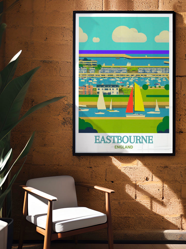 South Downs Way art print featuring the stunning Sovereign Harbour, a must see for any visitor to Englands southern coast. This wall art brings the marinas serene beauty and the English seaside atmosphere into your decor.