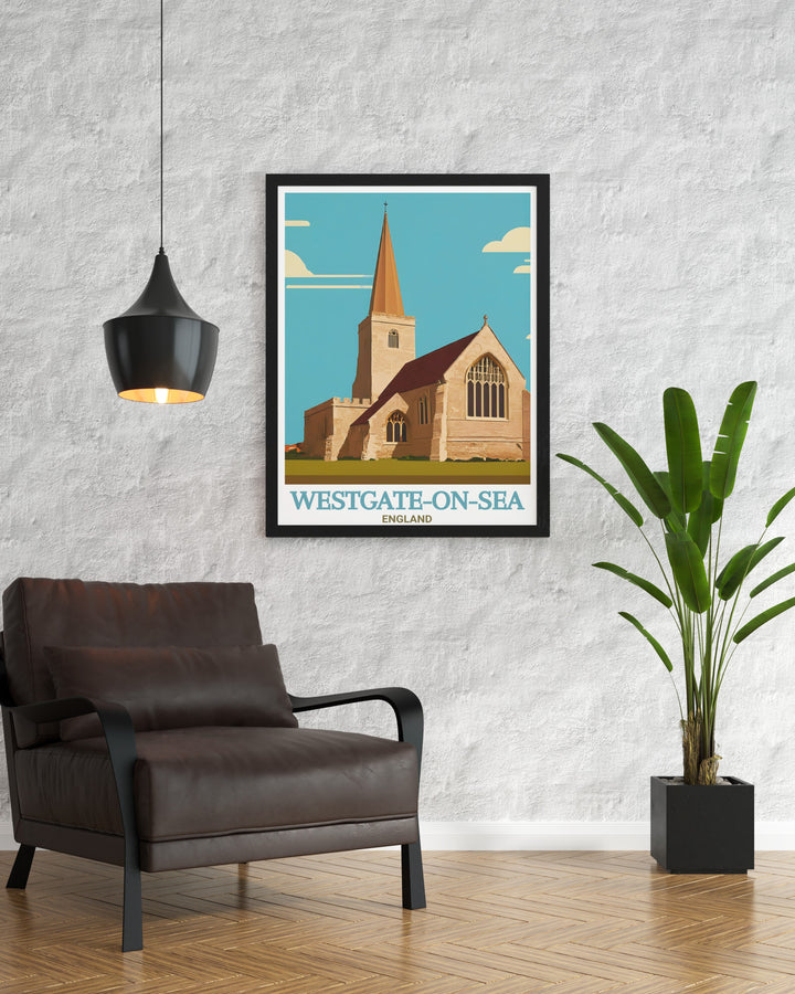 This Kent travel poster features Westgate on Sea and St. Saviours Church, offering a vintage inspired design perfect for your home. The poster captures the scenic views of the Kent coast and brings the peacefulness of the seaside to your walls.