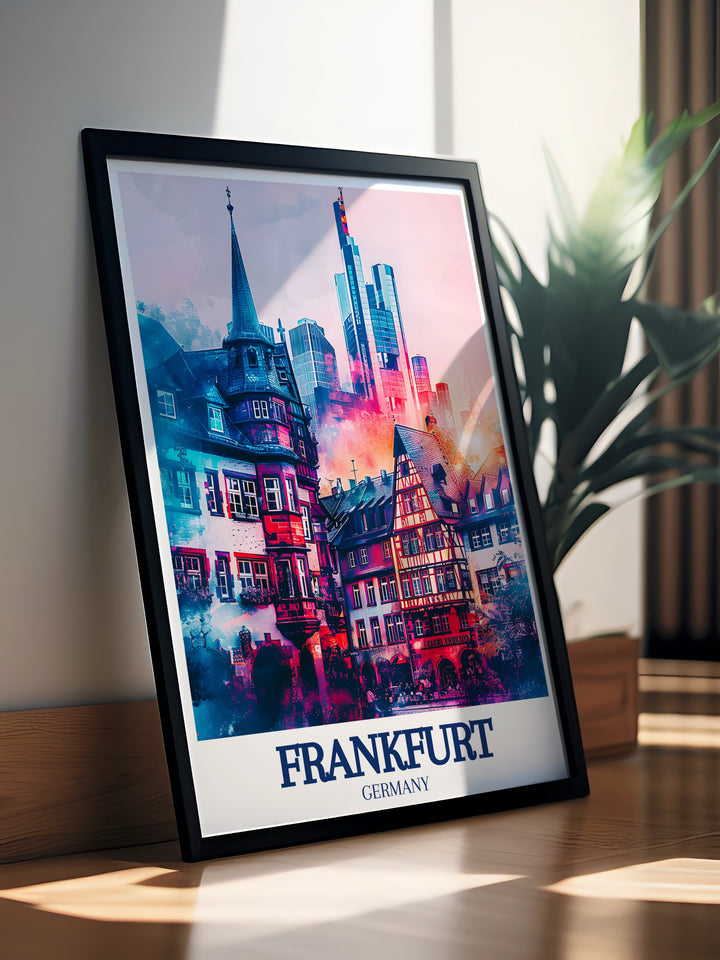 Frankfurts Römerberg is portrayed in this art print, showcasing the squares medieval charm and its significance in the citys history. The detailed artwork highlights the architectural beauty of the square, making it a standout piece for any home decor. Perfect for those who love Frankfurt and its rich cultural legacy.