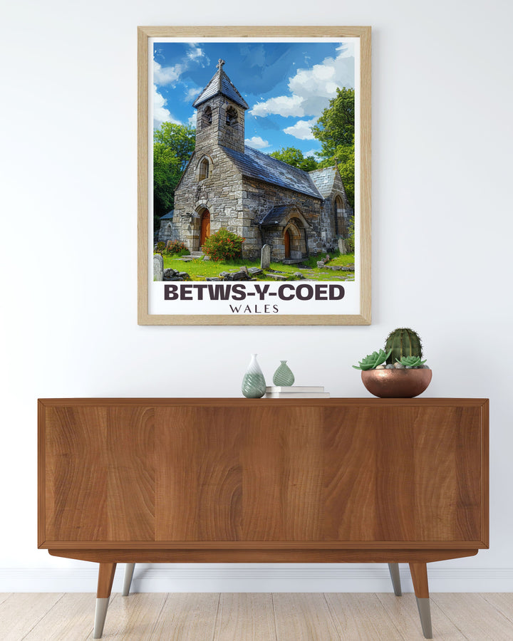 St. Michael's Old Church in Betws y Coed featured in this captivating Wales art print a perfect piece for those who love to decorate their homes with travel prints that celebrate both natural beauty and historical landmarks of Wales.