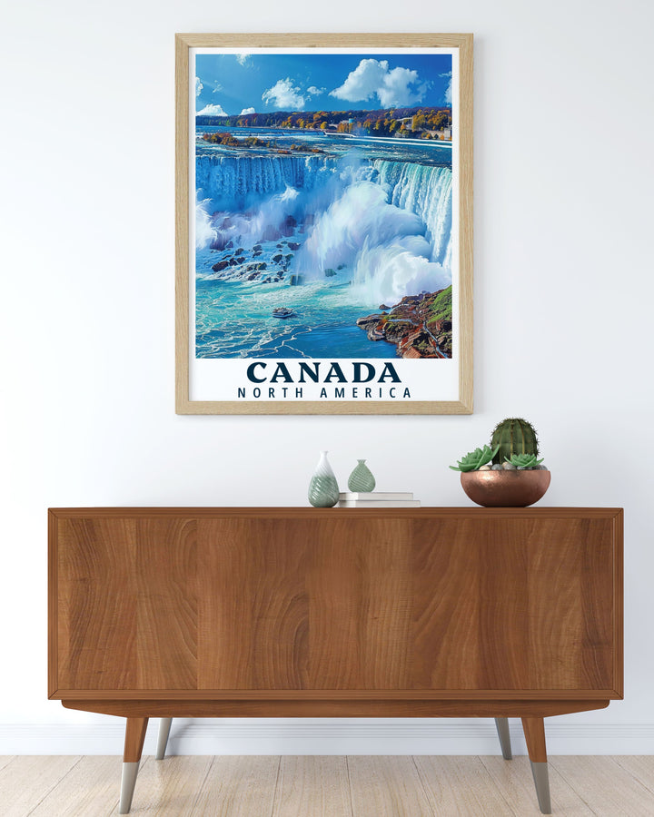 The captivating blend of water and landscape at Niagara Falls is beautifully illustrated in this poster, making it a stunning addition to any wall art collection celebrating Canada.