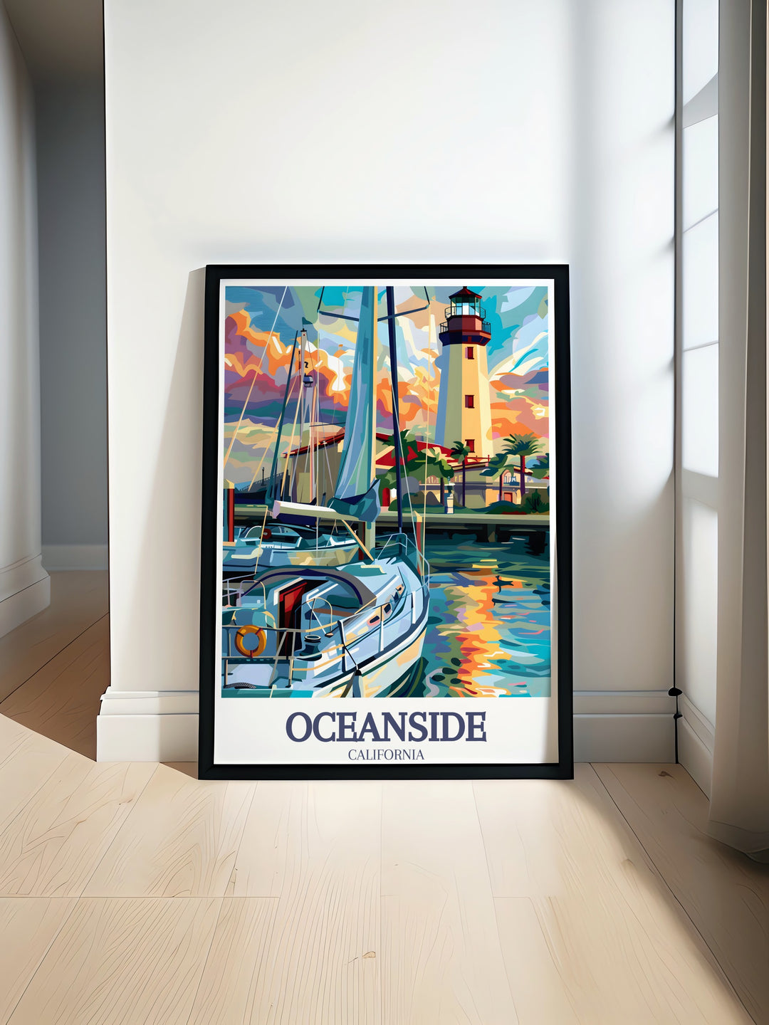 Beautiful art print of Oceanside Harbor Lighthouse showcasing the serene beauty of Oceanside Harbor with vibrant colors perfect for home decor travel enthusiasts and anyone who loves coastal landscapes and art collectibles