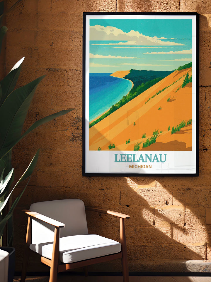 Sleeping Bear Dunes Wall Art depicting the towering sand dunes and tranquil shores of Lake Michigan, located in the heart of Michigans Leelanau Peninsula. This wall art brings the peaceful atmosphere of the dunes into your home, ideal for creating a calming and nature inspired environment.