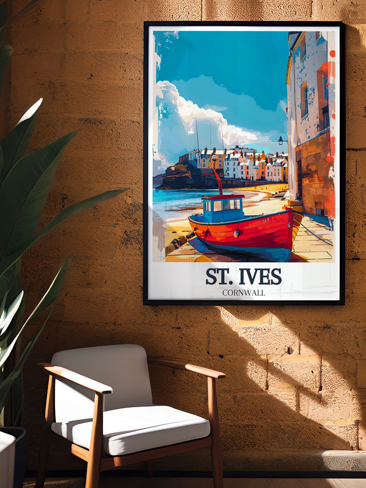 Experience the dynamic culture and serene environment of St. Ives and Porthmeor Beach with this travel poster, perfect for nature enthusiasts and art lovers.