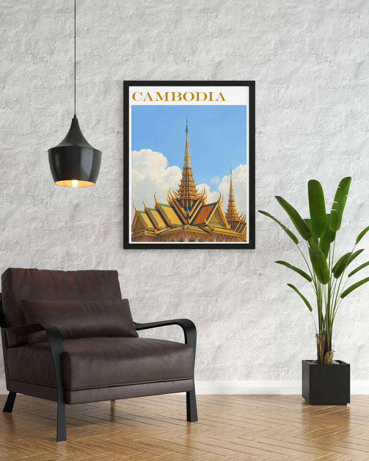 Captivating Royal Palace artwork featuring the majestic palace in fine line detail offering a beautiful addition to your collection of Cambodia art prints.