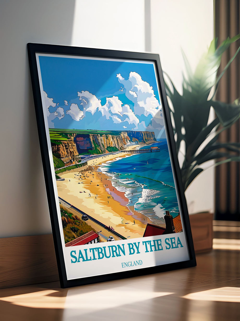 Saltburn Poster showcasing Saltburn Beach with vibrant colors and intricate details of Saltburn Yorkshire landmarks such as Saltburn Pier Saltburn Railway and Whitby Yorkshire a beautiful addition to any living room or hallway