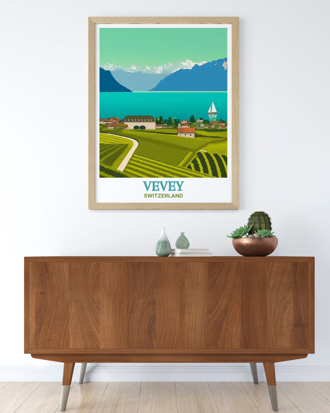 Vevey art print highlighting the lakeside beauty of Switzerland, with detailed illustrations of both the town and the alpine landscape. This wall art is ideal for anyone who appreciates Switzerlands scenic charm and natural wonders.