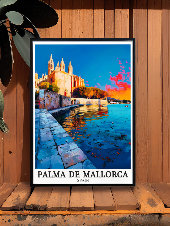 Captivating Palma de Mallorca art print depicting the towering La Seu Cathedral and the bustling Plaza de la Seu. The print reflects the unique charm and architectural beauty of Palma, perfect for adding a touch of Spanish elegance to your home