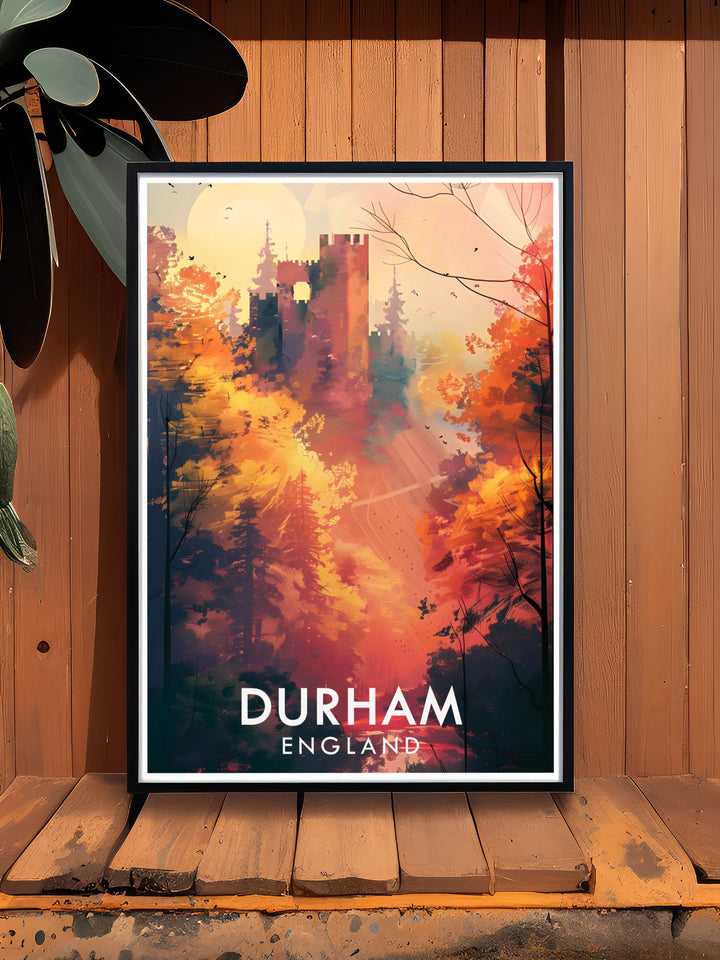 Durhams enchanting streets and historic architecture are depicted in this travel poster, offering a visual journey through one of Englands most picturesque cities.