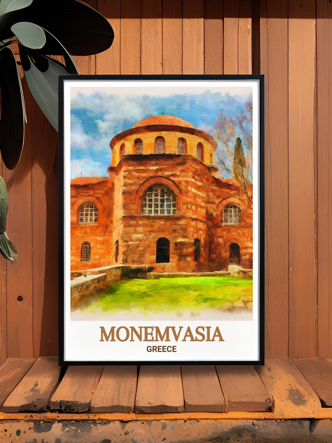 Monemvasia Vintage Poster inspired by classic travel art, featuring the timeless beauty of Monemvasia and the Church of Agia Sofia. This vintage style poster combines nostalgic charm with the allure of Greeces historic sites, making it a unique addition to any room.