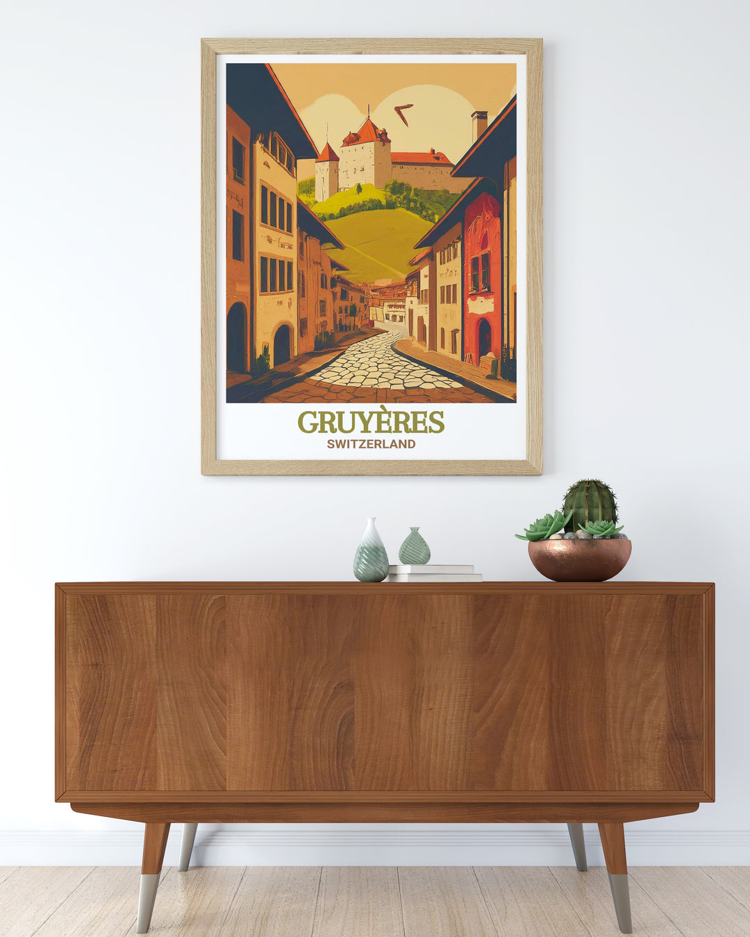 Gruyeres Medieval Town modern art print showcasing the picturesque streets and buildings of Switzerland. This travel print is perfect for lovers of Swiss culture and art, adding a sophisticated touch to any room.