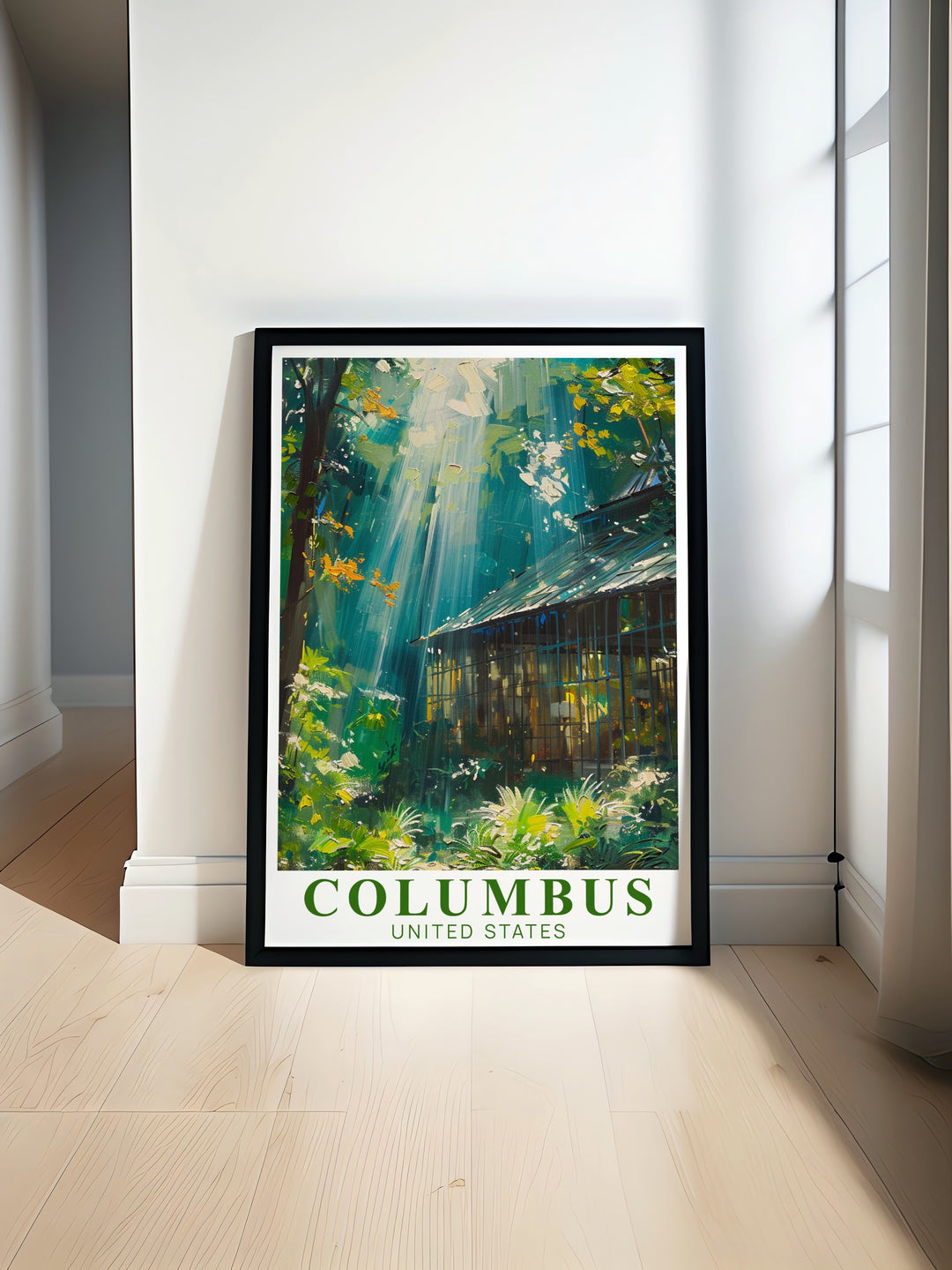 Columbus travel poster featuring the iconic Franklin Park Conservatory and Columbus skyline. This stunning vintage print showcases the cityscape with minimalistic design perfect for enhancing any living room decor or as a personalized gift for all occasions.