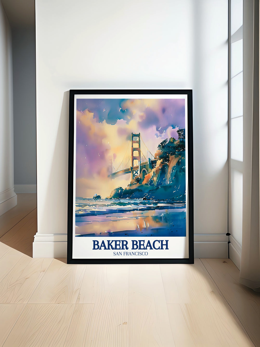 Baker Beach Framed Art illustrating the peaceful and scenic environment of one of San Franciscos most beloved beaches, with gentle waves and the Golden Gate Bridge in the background. The vintage style poster captures the essence of a relaxing day by the ocean, perfect for any wall decor