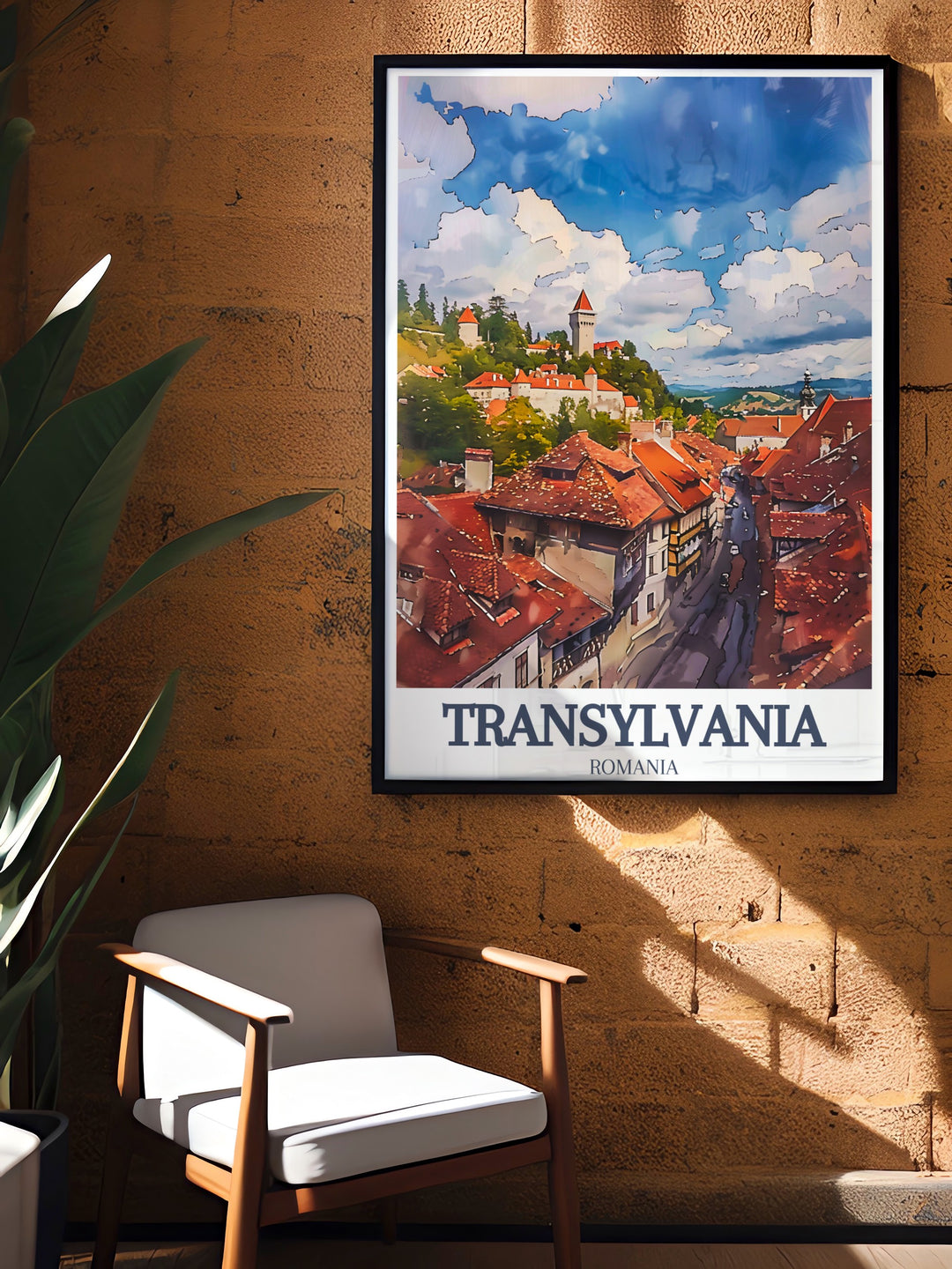 Corvin Castle and Sighișoara Citadel are elegantly depicted in this Transylvania travel poster, offering a breathtaking glimpse into Romanias medieval past. Ideal for anyone who admires Gothic architecture, this framed print brings the legends of Transylvania into your home.