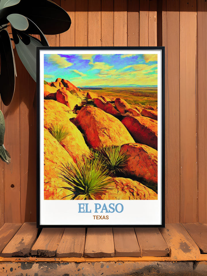 Bring the adventure of Texas into your decor with this stunning El Paso wall art. The Hueco Tanks rock formations and vast landscapes are beautifully captured in this artwork, making it a perfect gift for anyone who appreciates the natural beauty of Texas.