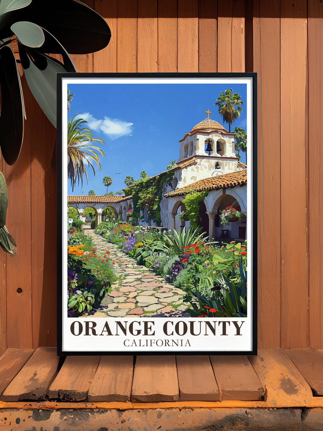 Mission San Juan Capistrano travel print showcasing the timeless elegance of this historic site in Orange County. The artwork reflects the stunning gardens and architecture of the mission, offering a minimalist design that enhances any décor. Available as a digital download or custom poster for personalized gifts.