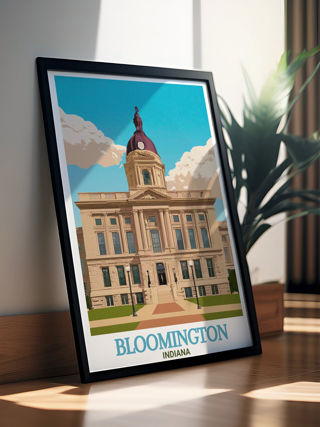 Monroe County Courthouse vintage print showcasing the elegant architecture of Bloomington Indiana ideal for home decor enthusiasts looking to bring a piece of local heritage into their living space with stunning artwork