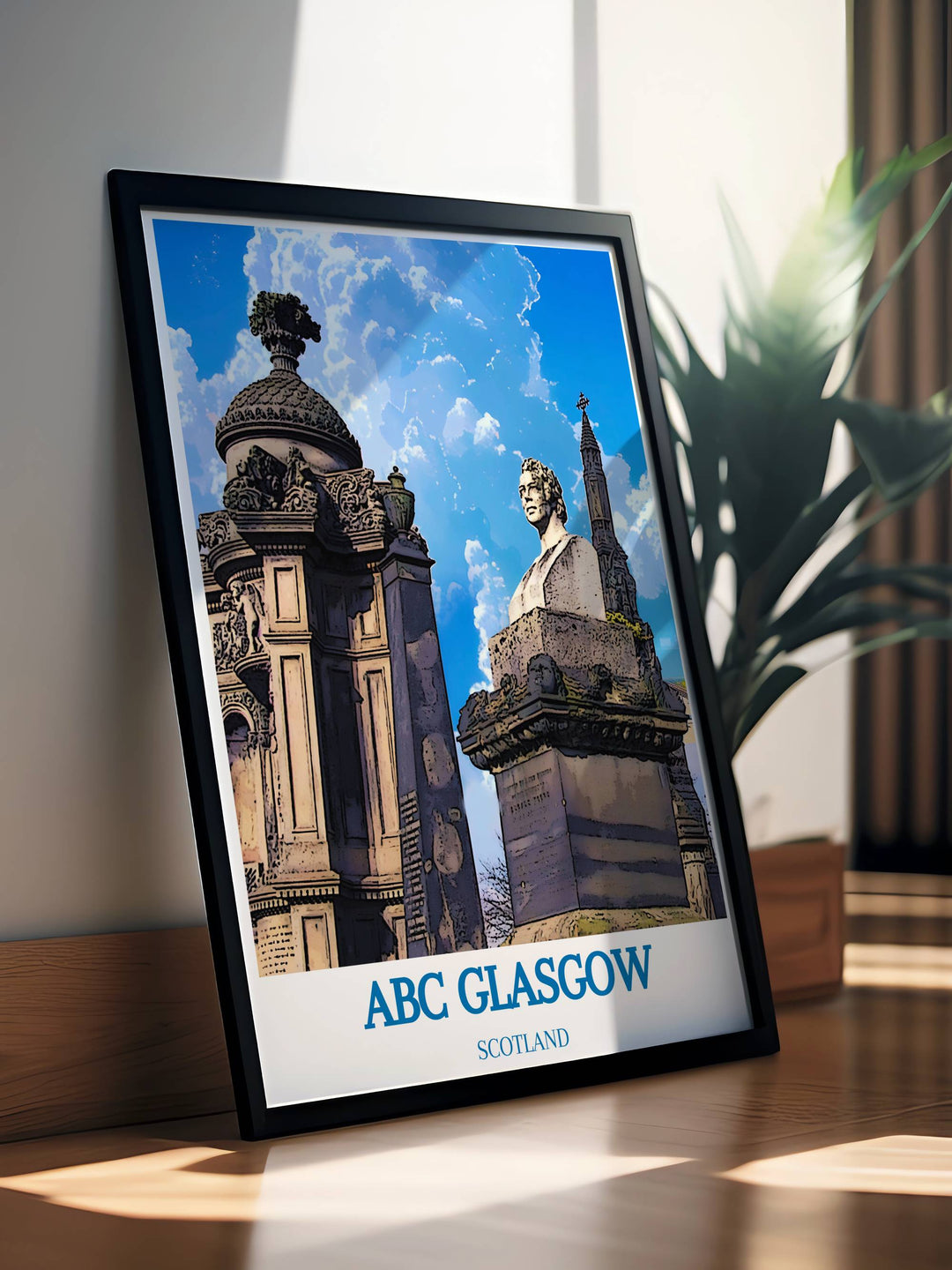 Artistic representation of glasgow and necropolis and ABC Glasgow capturing the essence of Glasgows historic and musical landmarks.