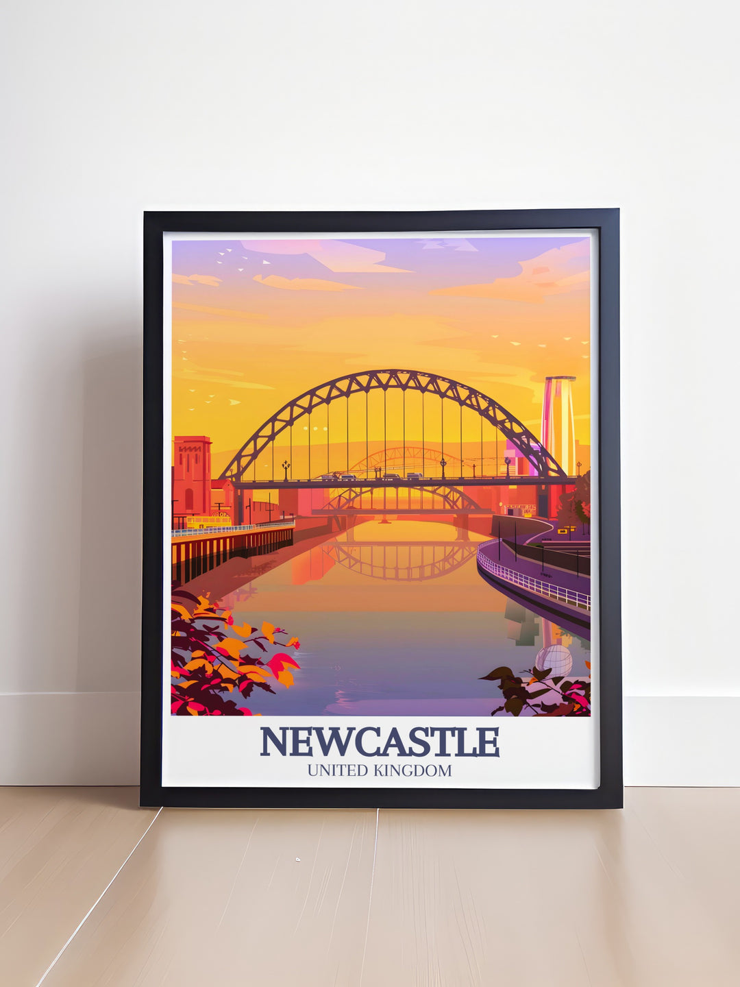 A striking Newcastle art print featuring the Tyne Bridge and Gateshead Millennium Bridge. This travel poster offers a stunning depiction of Newcastles beloved landmarks, making it perfect as a wall print or as a gift for anyone who loves UK travel art and decor.