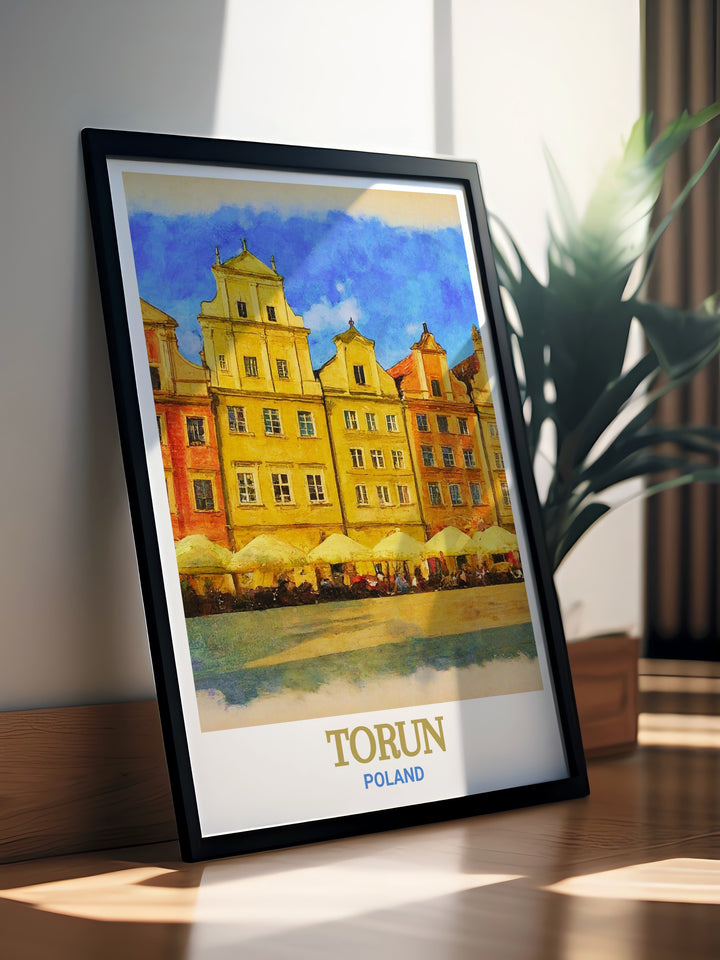 A detailed depiction of Toruns Old Town Market Square in Poland, showcasing its stunning medieval architecture and vibrant atmosphere, perfect for anyone who appreciates European history and culture.