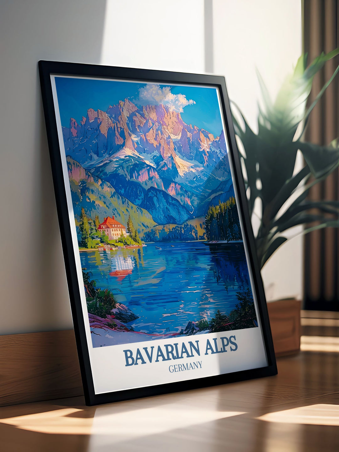 Detailed digital download of the Bavarian Alps, featuring the stunning Zugspitze and the peaceful Eibsee Lake. Ideal for any art collection or as a memorable travel keepsake, bringing the allure of the Alps into your home.