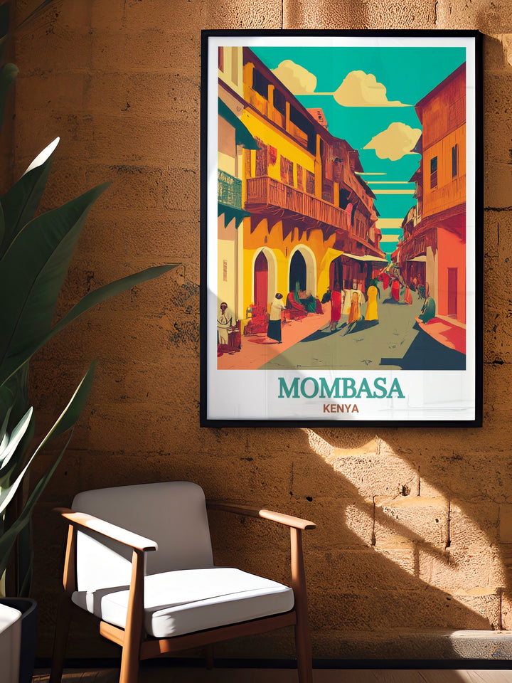 The Mombasa Old Town Travel Print showcases the beautiful blend of cultures found in Kenyas historic coastal city. This art print, featuring iconic architecture, is perfect for anyone looking to bring African heritage into their home.