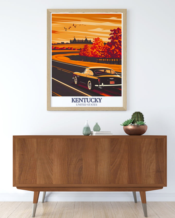 This Kentucky poster print beautifully captures the charm of Churchill Downs and Bourbon Country. Perfect for horse racing and bourbon enthusiasts, this artwork brings the iconic landmarks of Louisville and Kentucky to life in vibrant detail.