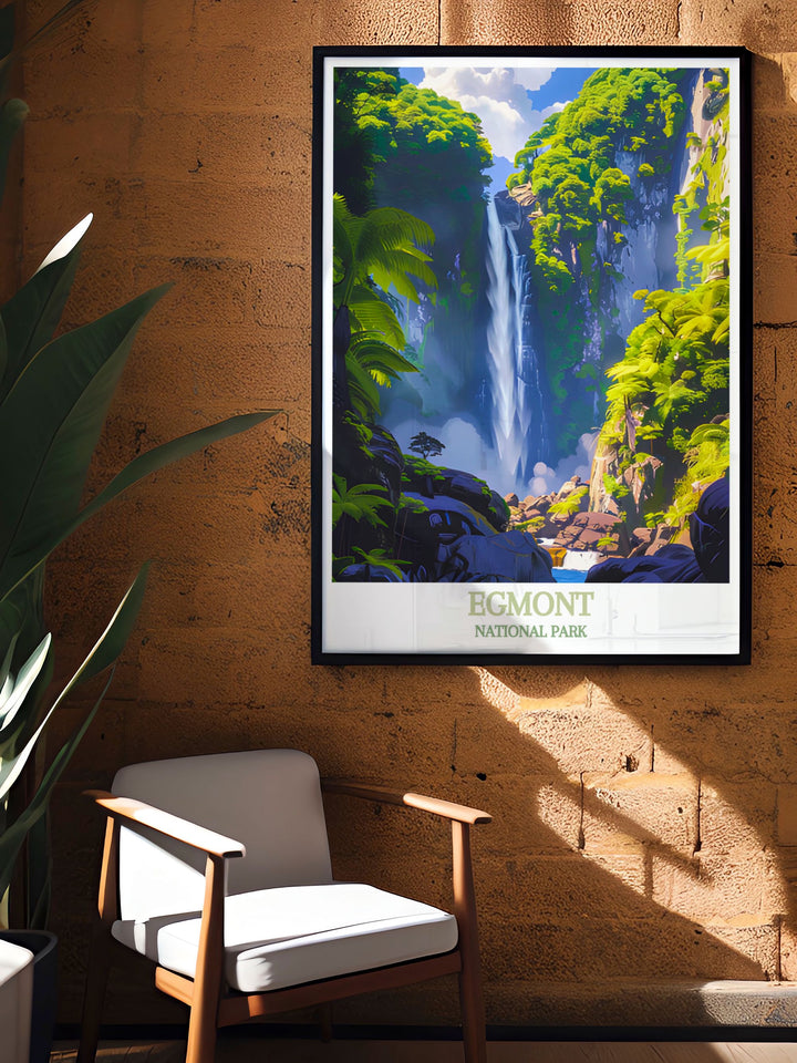 Modern wall decor featuring the scenic beauty of Egmont National Park, capturing the lush greenery and dramatic volcanic landscapes.